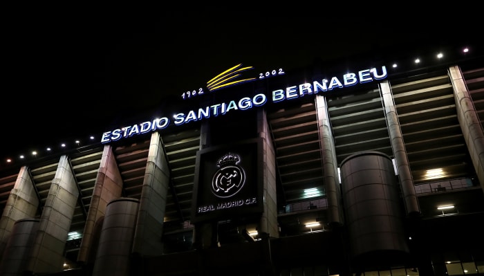 A general view from the outside of the Bernabeu on a Champions League night